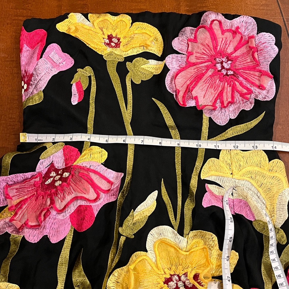 Anthropologie floral mini dress w/ 3D appliqué. Strapless. Black yellow pink. S - Picture 15 of 16
